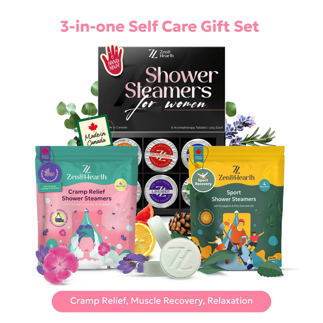 Zen & Hearth 3-in-1 Self-Care Shower Steamers Bundle – Cycle Comfort, Sport Recovery & Relaxation Aromatherapy – Handmade in Canada