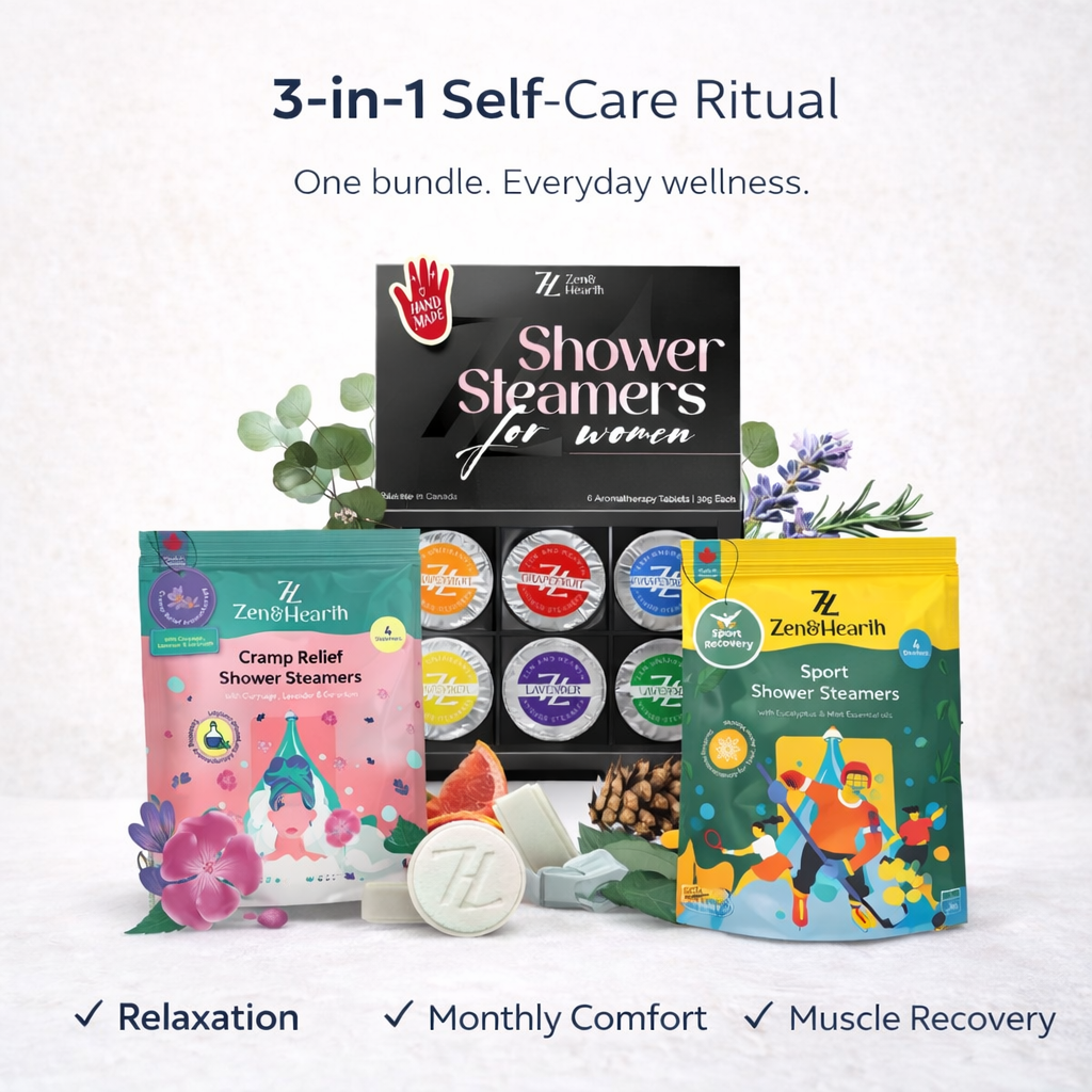 3-in-1 Self-Care Shower Steamers Bundle – Period Cramp Relief, Muscle Recovery & Relaxation | Handmade in Canada Zen & Hearth