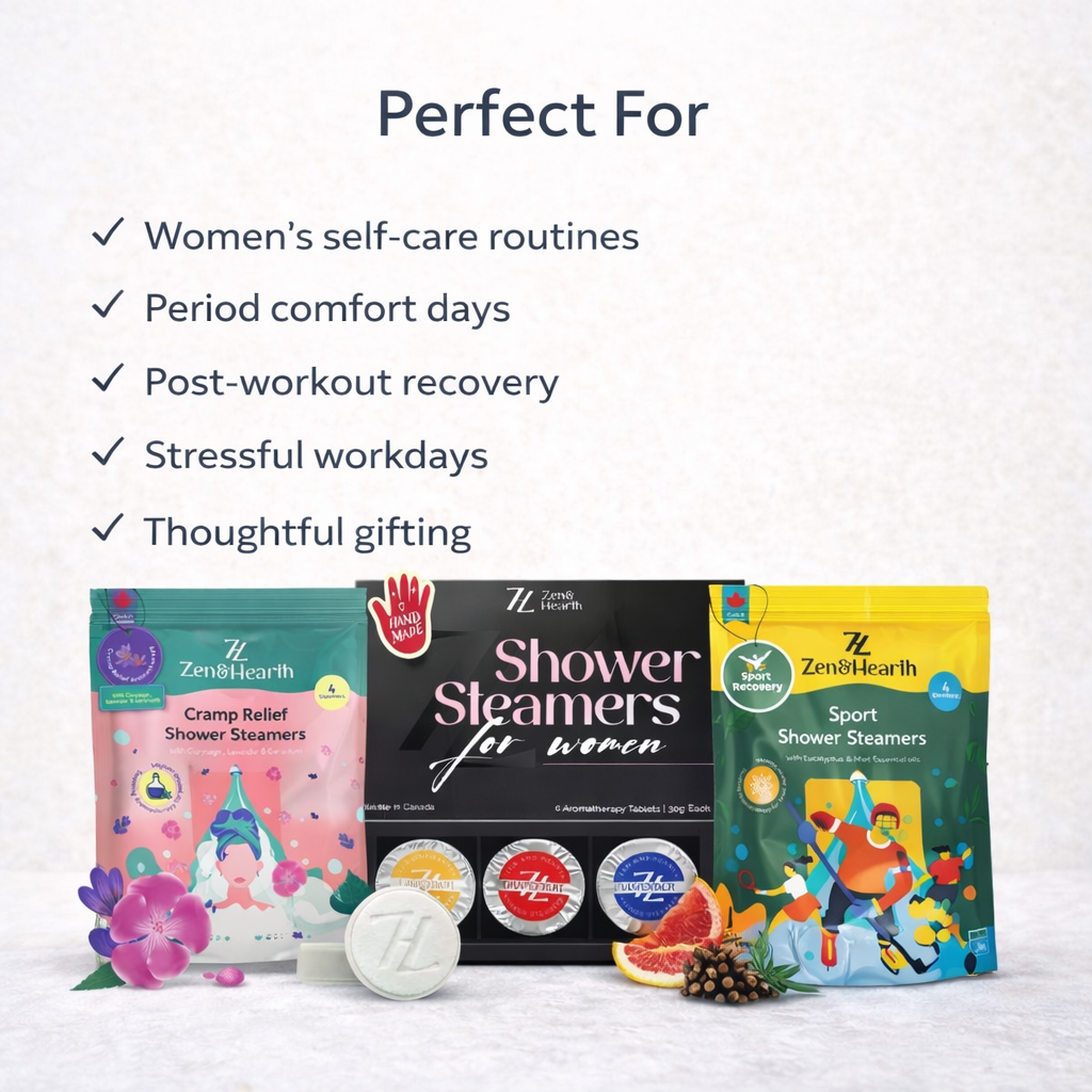 3-in-1 Self-Care Shower Steamers Bundle – Period Cramp Relief, Muscle Recovery & Relaxation | Handmade in Canada Zen & Hearth