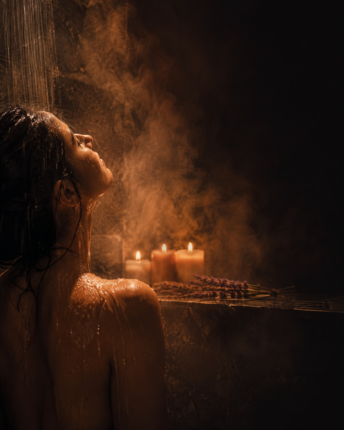 Steam rising in a dark, warmly lit shower