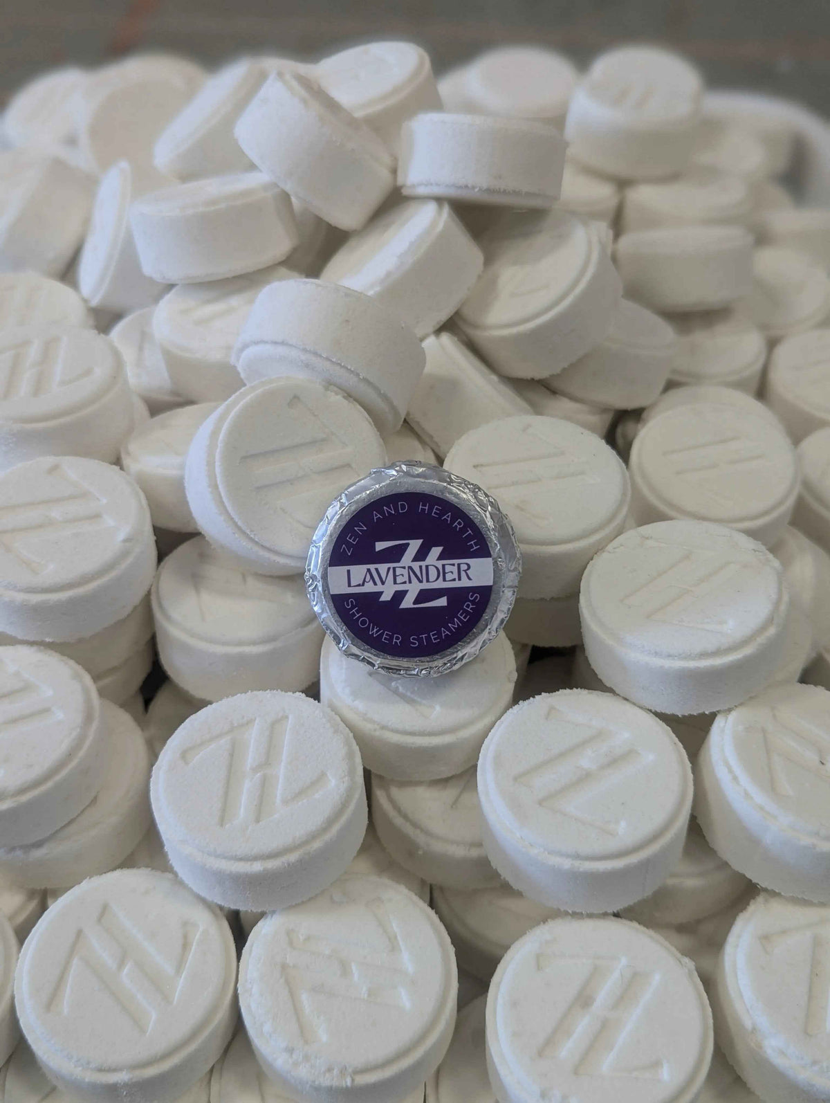 Zen & Hearth Lavender Shower Steamers close-up – calming essential oil tablets for slow evening rituals