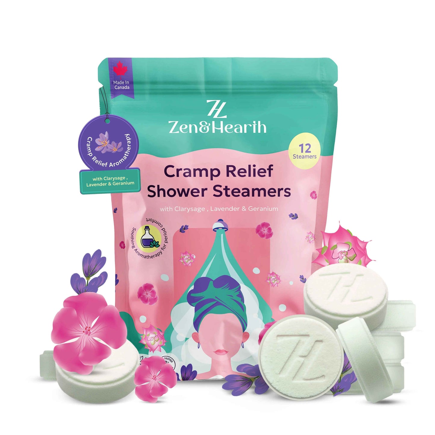 Zen & Hearth Cramp Relief Shower Steamers - Handcrafted Aromatherapy Tablets with Clary Sage, Lavender & Geranium for Period Pain Relief & Relaxation Made in Canada