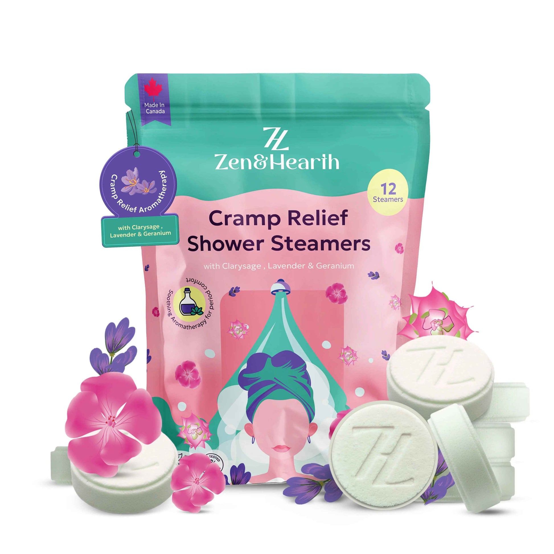 Zen & Hearth Cramp Relief Shower Steamers - Handcrafted Aromatherapy Tablets with Clary Sage, Lavender & Geranium for Period Pain Relief & Relaxation Made in Canada