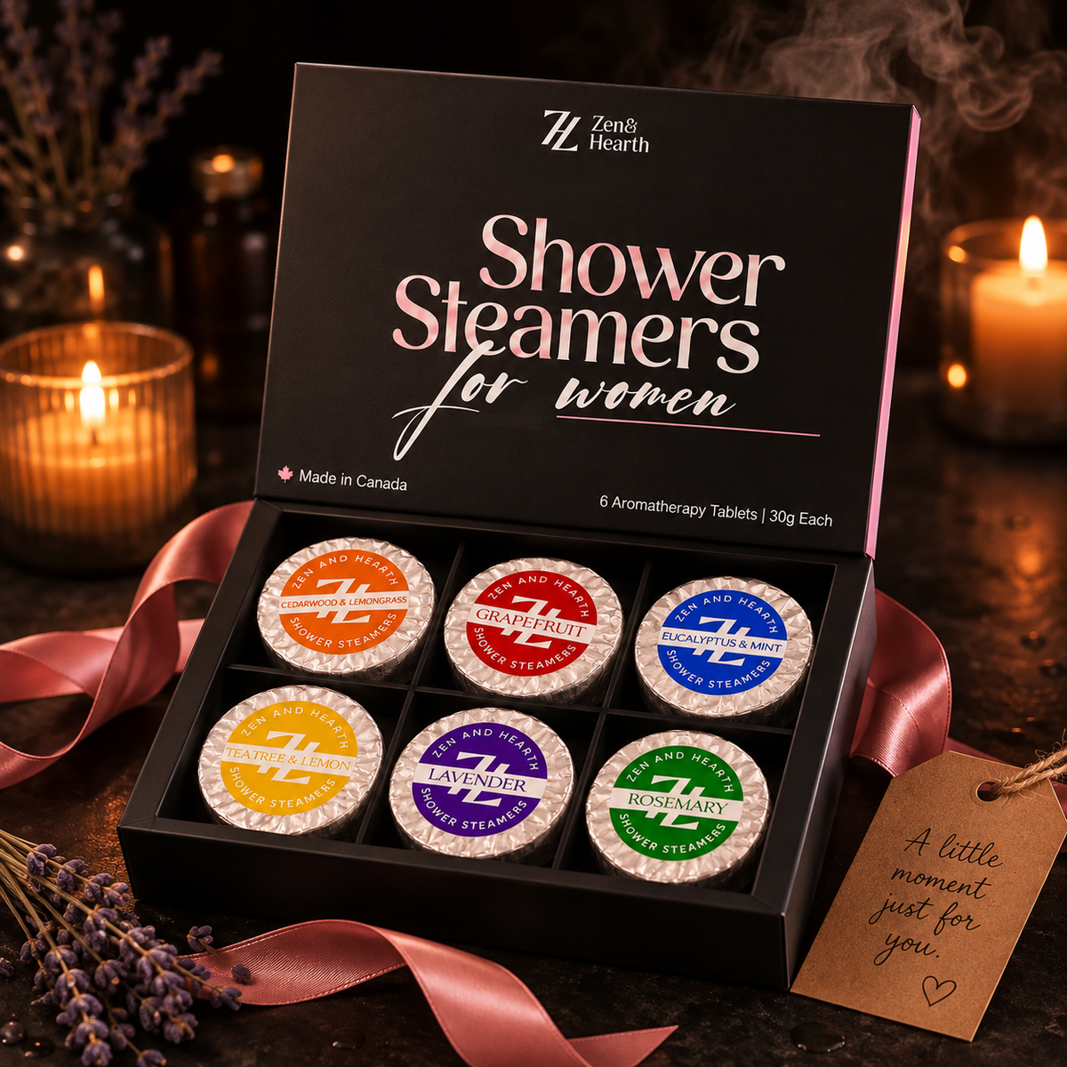 Coffret cadeau ouvert avec six pastilles emballées, ruban satiné, lavande séchée